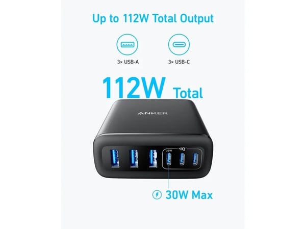 Anker A2154G11 6-portslader 112W GaN, 3 USB-C, 3 USB-A, svart