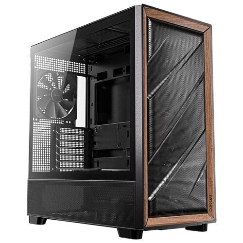 Antec FLUX PC-kabinett, Midi Tower, E-ATX, sidepanel i herdet glass, svart/tre