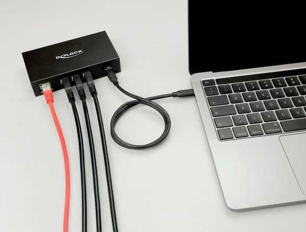 Delock - Hub - RJ45, 1.5 kV isolation - 3 x USB 3.2 Gen 1 + 1 x USB-C 3.2 Gen 1 (strømforsyning) + 1 x 1 Gigabit Ethernet - stasjonær, overflatemon...