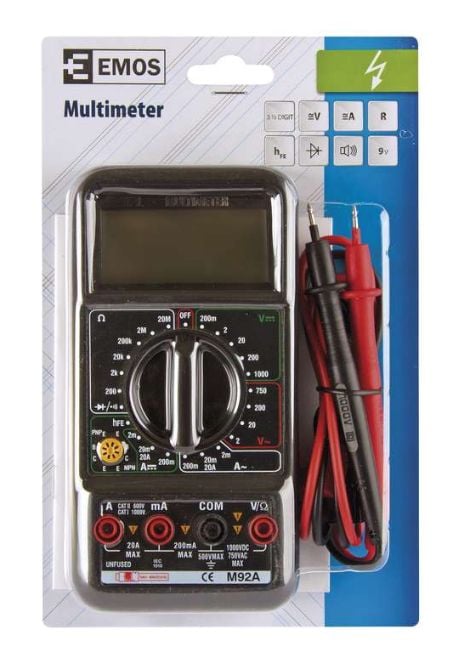 Emos M92A, Digitaalinen yleismittari, Kädessä pidettävä yleismittari, 0.2 - 1000 V, 2 - 750 V, 0,0002 - 20 A, musta