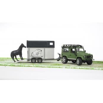 Bruder Land Rover Defender Station Wagon with horse trailer and horse toy