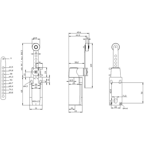 Siemens 3SE52320CK621AJ0 3SE5232-0CK62-1AJ0 Asentokytkin 6 A kääntövipu, metallivipu, muovirulla IP65 1 kpl, muovi, IP65, 43 mm, 67 mm, 148 mm, 126 g