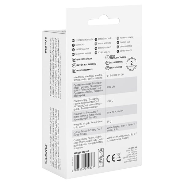 Savio MB-05, Ambidextrous, Bluetooth, 1600 dpi, Vit