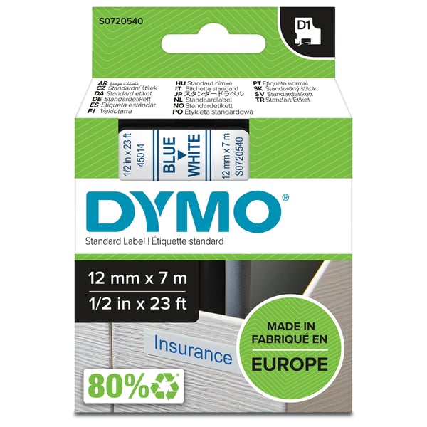 Teksttape Dymo D1, 12 mm, blå/hvid