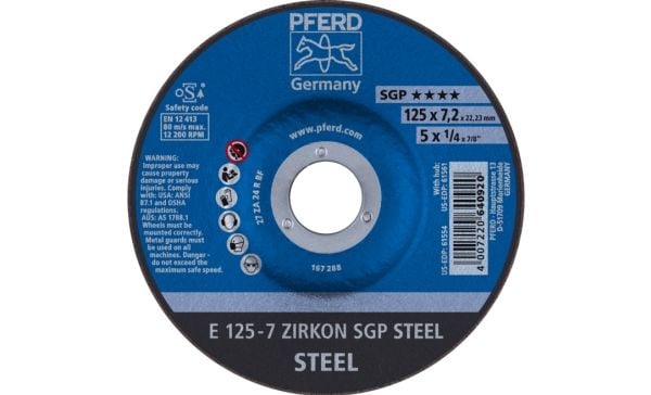 PFERD 62212737, Kutteskive, Stål, 12,5 cm, Alle merker, Nedtrykket senter, 2,22 cm
