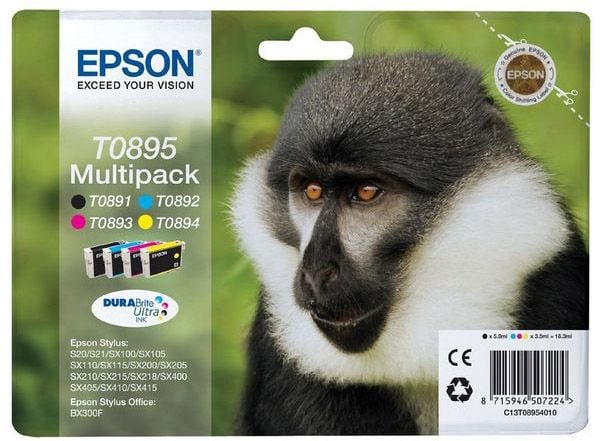 Epson Monkey T0895 Apina DURABrite Ultra, moniväripakkaus, 4 väriä, Musta, Syaani, Magenta, Keltainen, 5,8 ml, 3,5 ml, 1 kpl, Monipakkaus
