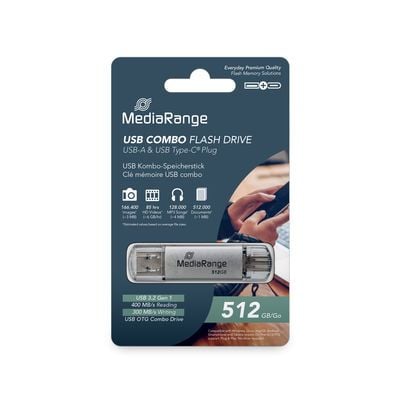 MediaRange MR940-1, 512 GB, USB Type-A / USB Type-C, 3.2 Gen 1 (3.1 Gen 1), 400 MB/s, Med lokk, Sølv