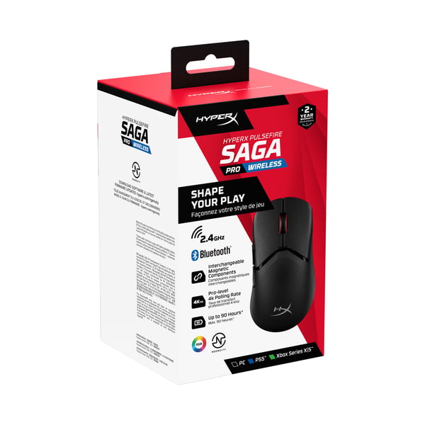 HyperX Langaton Pulsefire Saga Pro -pelihiiri (musta), Molempikätinen, Optinen, RF Wireless + Bluetooth + USB Type-C, 3200 DPI, Musta