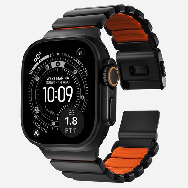 Nomad Stratos Apple Watch -ranneke, 49 mm, titaani/FKM, musta/oranssi