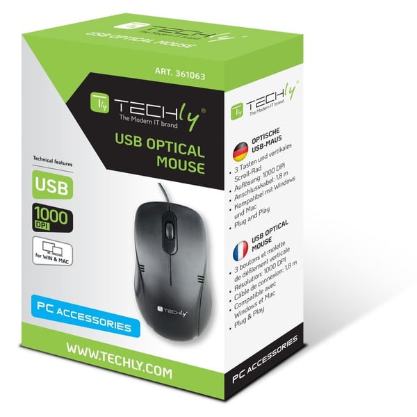 Techly IM 902-UBK, Optisk, USB Type-A, 1000 DPI, Svart