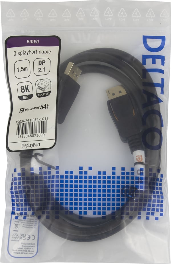 DELTACO - DisplayPort-kabel - DisplayPort (hane) spärrad till DisplayPort (hane) spärrad - DisplayPort 2.1a - 1.5 m - VESA DP54-certifierad - svart
