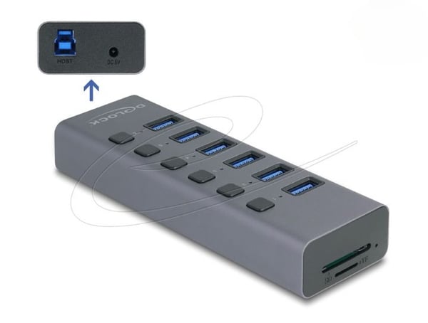 Delock ulkoinen USB 5 Gbps 6 portin hubi kytkimellä ja SD/Micro SD-korttipaikalla varustettuna