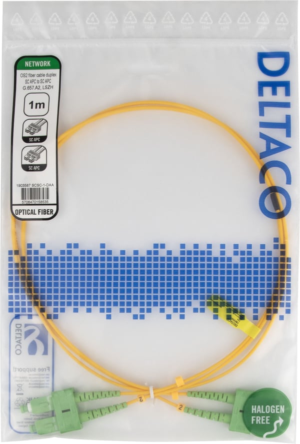 DELTACO - Nettverkskabel - SC/APC-enkeltmodus (hann) til SC/APC-enkeltmodus (hann) - 1 m - 1 m - fiberoptisk - dupleks - G.657.A2/OS2 - halogenfri ...