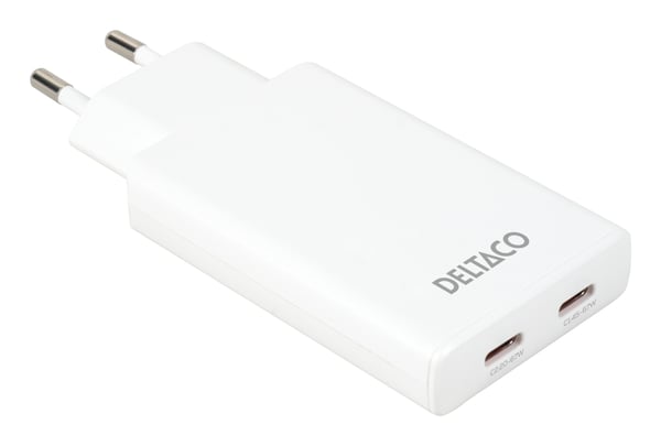 DELTACO USBC-AC201 USB-C-seinälaturi 67 W, 2x USB-C, ohut, valkoinen