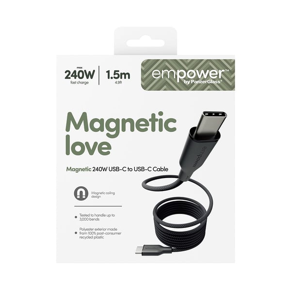 PanzerGlass empower by ® Magnetic 240W USB-C to USB-C Kabel | USB 2.0 | 1.5M | Space Black, Universel, Universal - Universal, Tør påføring, Sort, 1...