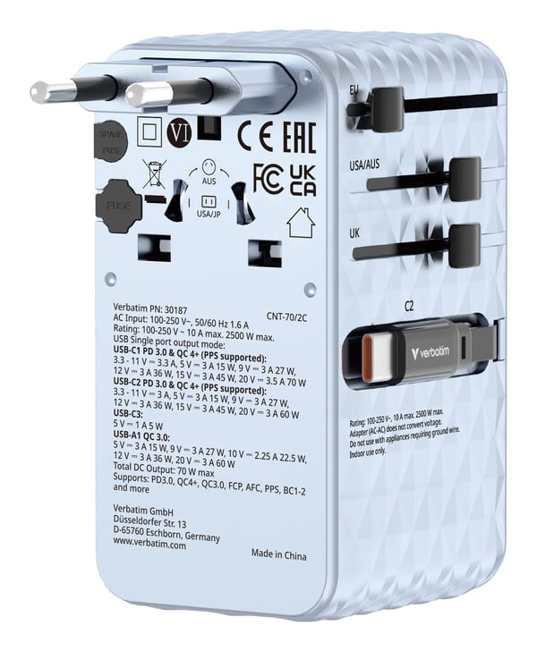 Verbatim EU/UK/USA matkasovitin GaN 1xUSB-C/1xUSB-A/2xUSB-C PD 70W sininen 30187
