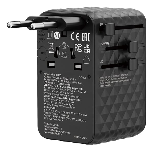 Verbatim Charge 'n' Travel - Strømadapter - GaN III, universal - 170 Watt - 10 A - Power Delivery 3.0 + PPS, Power Delivery 3.1, QC 3.0, QC 4.0+, U...