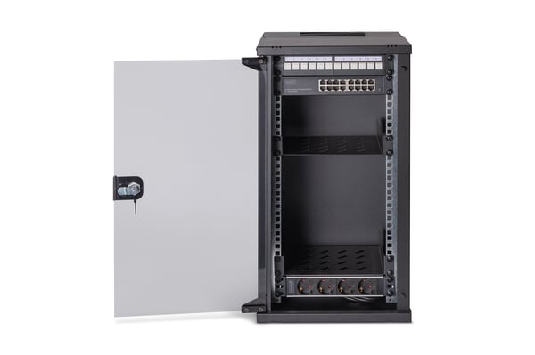 Digitus DN-49105-SET, Seinään asennettava laitekehikko, 12U, 60 kg, Näppäinlukko, Kotelon kiskot, Tehostunut kaapelinhallinta