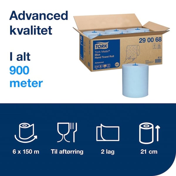 Håndklæderuller Tork Matic® Advanced H1 blå 2-lag 150m - (6 ruller pr. karton)