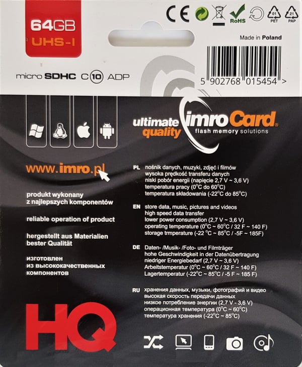 IMRO 10/64G UHS-I ADP, 64 GB, MicroSDHC, Klasse 10, UHS-I, 82 MB/s, 21 MB/s