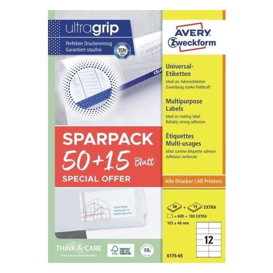 Universaletiketter Avery 105x48 mm, hvid med Ultragrip + 30% ekstra indhold - (65 ark x 12 stk.)