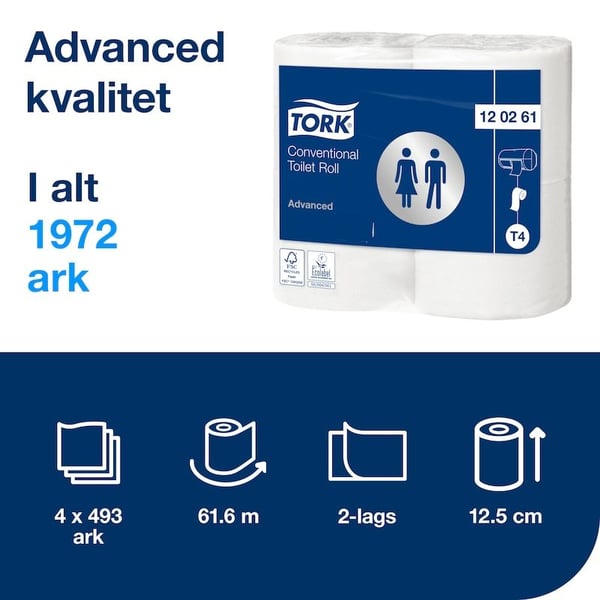 Toiletpapir Tork T4 Advanced 2-lags hvid - (24 ruller pr. karton)