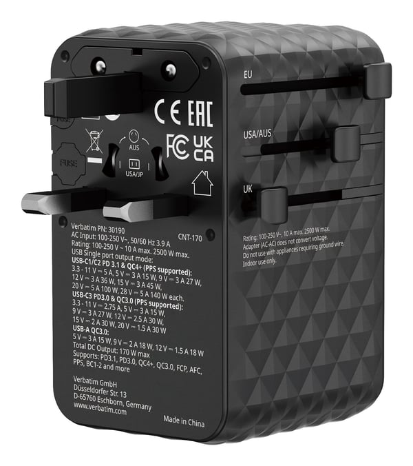 Verbatim Charge 'n' Travel - Strømadapter - GaN III, universal - 170 Watt - 10 A - Power Delivery 3.0 + PPS, Power Delivery 3.1, QC 3.0, QC 4.0+, U...