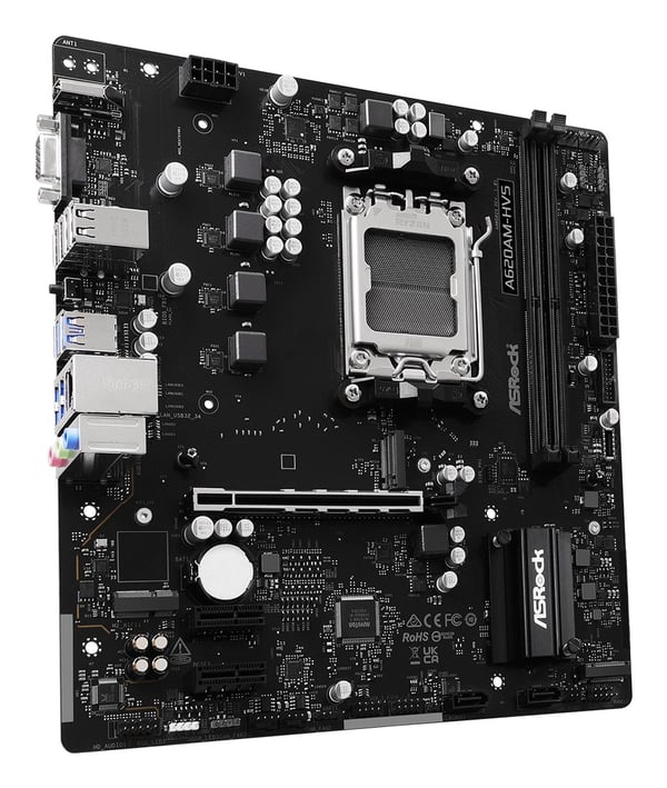 ASRock A620AM-HVS - Moderkort - micro ATX - Socket AM5 - AMD A620A Chipuppsättning - USB 3.2 Gen 1, USB-C 3.2 Gen 1 - Gigabit LAN - inbyggda grafik...