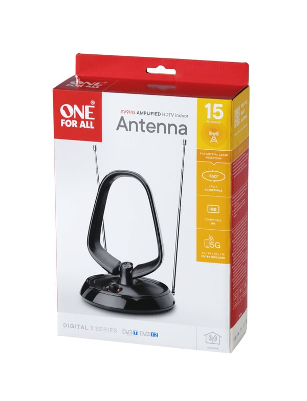 One For All Value Line DVB-T Indoor Antenne 5G, Sisätila, Musta, 1 m, DVB-T, DVB-T2, IEC male connector, VHF, UHF