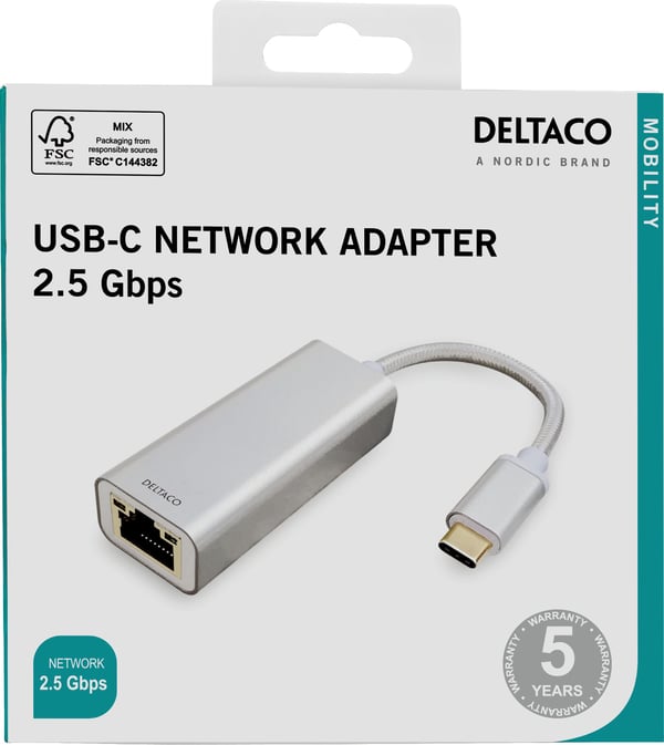 DELTACO - Nettverksadapter - USB-C 3.1 - 2.5GBase-T x 1 - grå
