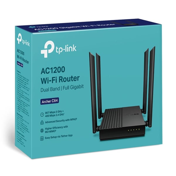 TP-Link Archer C64, Wi-Fi 5 (802.11ac), Dobbelbånd (2.4 GHz / 5 GHz), Ethernet/bredbåndsforbindelse, Svart, Frittstående router