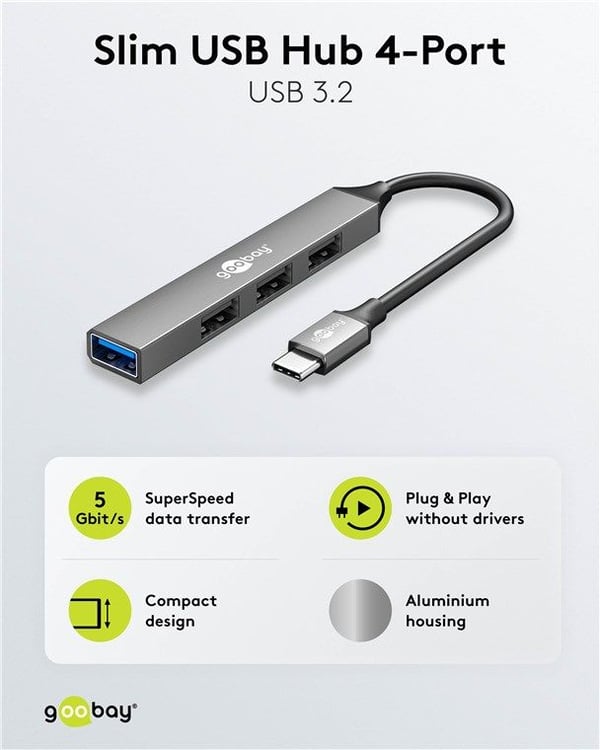 Goobay 74457, USB 3.2 Gen 1 (3.1 Gen 1) Type-C, USB 2.0 Type-A, USB 3.2 Gen 1 (3.1 Gen 1) Type-A, 5000 Mbit/s, Lysegrå, Aluminium, 0,1 m