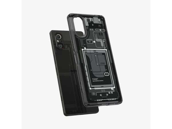 Spigen Ultra Hybrid kotelo Sony Xperia 5 V:lle - tummanharmaa (Zero One design)