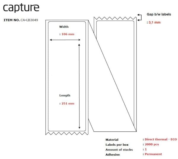 Capture - Permanent lim - ubestrøket - hvit - 106 x 251 mm 2000 etikett(er) (1 rull(er) x 2000) boks - vifteetiketter