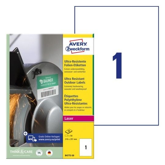 Etiketter Avery 210 x 297 mm, A4, hvite - ekstremt slitesterke og elastiske, for laserskrivere - (50 stk.) Etiketter Avery 210 x 297 mm, A4, hvite - ekstremt slitesterke og elastiske, for laserskrivere - (50 stk.)
