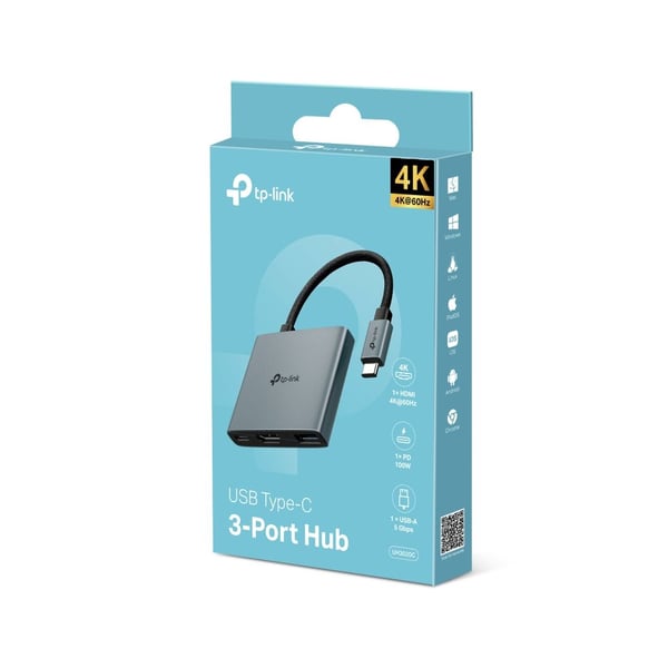TP-Link UH3020C USB-C-hub med 3 porter, 4K 60 Hz, 5000 Mbit/s, grå