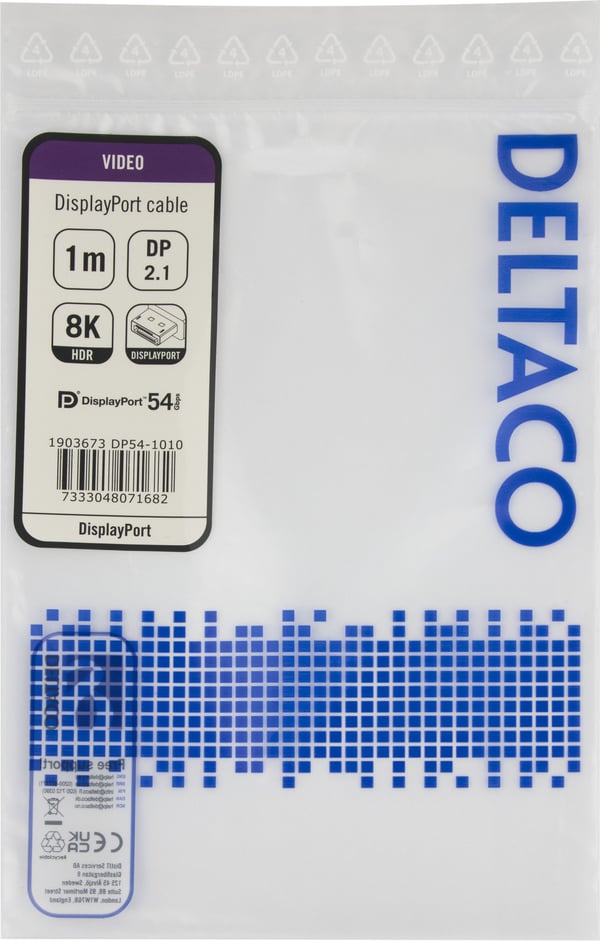 DELTACO - DisplayPort-kabel - DisplayPort (hann) hasp til DisplayPort (hann) hasp - DisplayPort 2.1a - 1 m - VESA DP54-sertifisert - svart