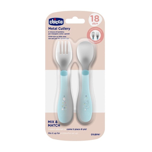 Chicco 00016102250000, Lasten ruokailuvälinesetti, sininen, ruostumatonta terästä, poika/tyttö, 1,5 vuotta, 218 mm