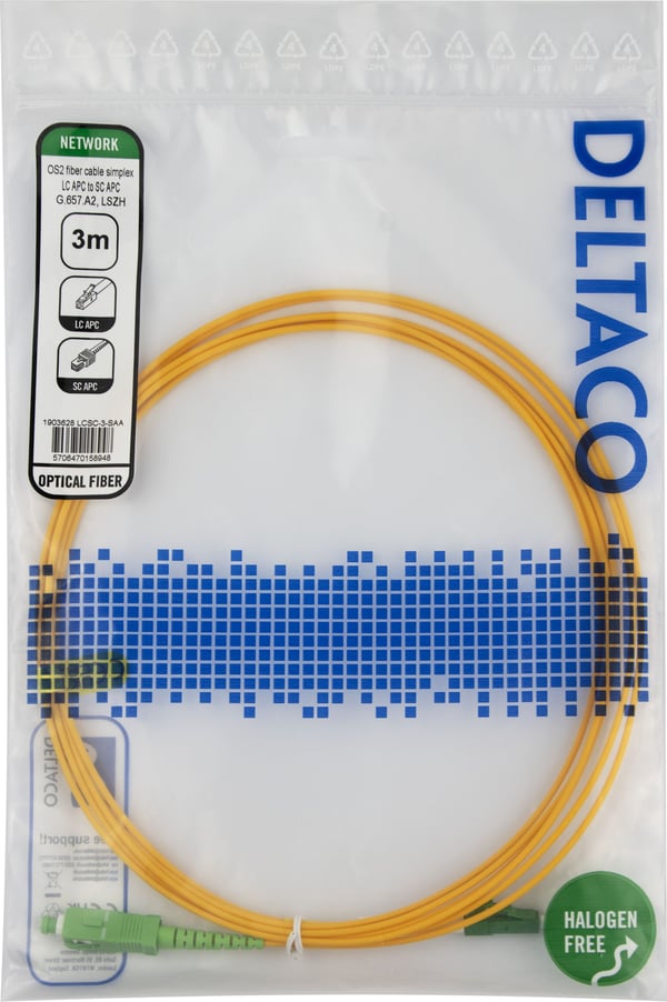 OS2 Fiberkabel, LC - SC, simplex, APC/APC, 3,0 m
