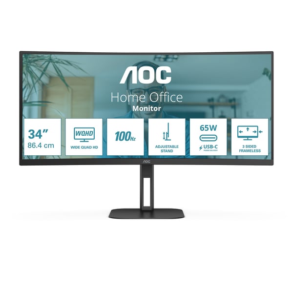AOC V5 CU34V5C - LED-skjerm - buet - 34" - 3440 x 1440 WQHD @ 100 Hz - VA - 300 cd/m² - 3000:1 - 1 ms - HDMI, DisplayPort, USB-C - høyttalere - Svart
