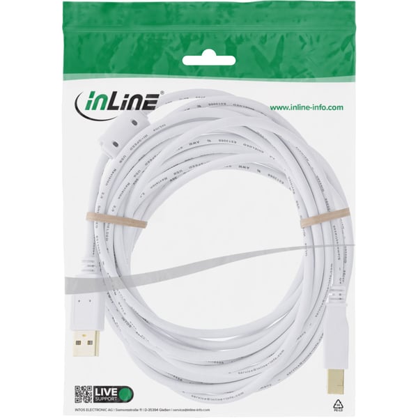 InLine 34550W, 10 m, USB A, USB B, USB 2.0, hane/kvinna, vit