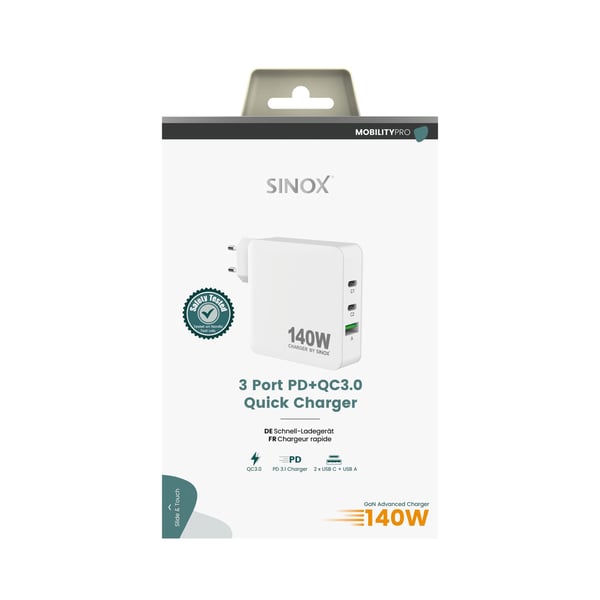 Sinox PRO 230V laturi 140 W 2x USB-C 1x USB-A, valkoinen