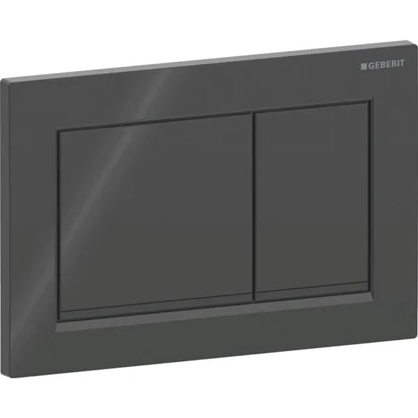 Geberit Omega30 betjeningsplate, kantet, dobbel spyling, Knapp: Blank svart, Designstriper: Matt svart