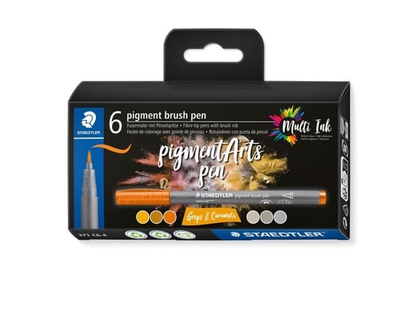 Staedtler Pigment Arts Brush Pen Greys & Caramels, 6 väriä, Ruskea, Harmaa, Pyöreä, Muovi, Polypropeeni (PP), Vesipohjainen muste, Aikuiset & Lapset