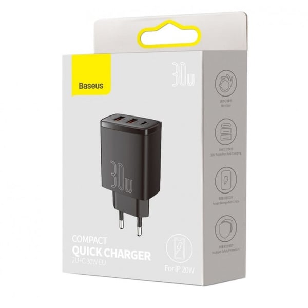 Baseus Compact-pikalaturi, 2xUSB, USB-C, PD, 3A, 30W (musta)