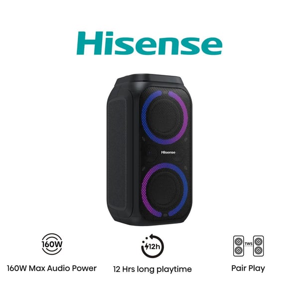Hisense Party Rocket 160 partyhøyttaler 2.0-kanals 160 W Bluetooth, svart