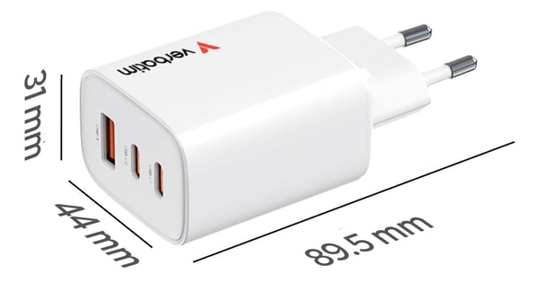 Verbatim Essentials - Strømadapter - GaN - 65 watt - 3 A - Power Delivery 3.0 + PPS, QC 3.0 - 3 utgangskontakter (USB-C, USB) - hvit - Europa