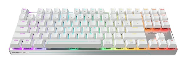CHERRY MX 8.2 Pro TMR Wireless, Ledning & Trådløs, USB + RF Wireless + Bluetooth, Magnetic-mechanical key switch, QWERTY, RGB LED, Sølv, Hvit