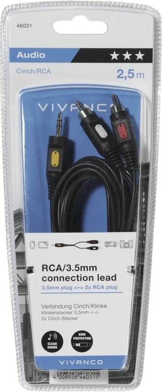 Vivanco VVAJACK2RCA25MMK, 2 x RCA, Hankjønn, 3.5mm, Hankjønn, 2,5 m, Svart
