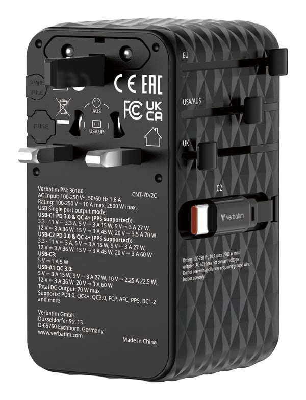 Verbatim 30186 matka-adapteri 70 W Charge 'n' Travel GaN 3 USB-C + 1 USB-A